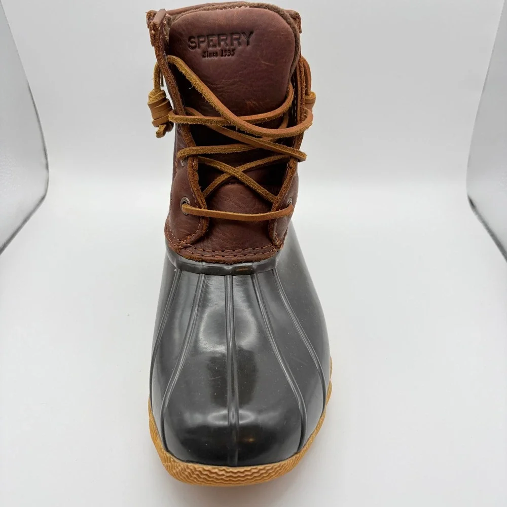 Sperry Women 8 Saltwater Duck Boots Brown Black Leather Rubber Waterproof Ankle